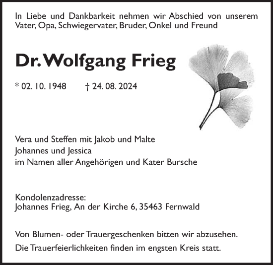 Traueranzeige von Wolfgang Frieg von Giessener Allgemeine, Alsfelder Allgemeine, Giessener Anzeiger