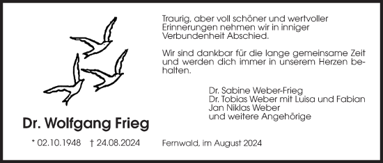 Traueranzeige von Wolfgang Frieg von Giessener Allgemeine, Alsfelder Allgemeine
