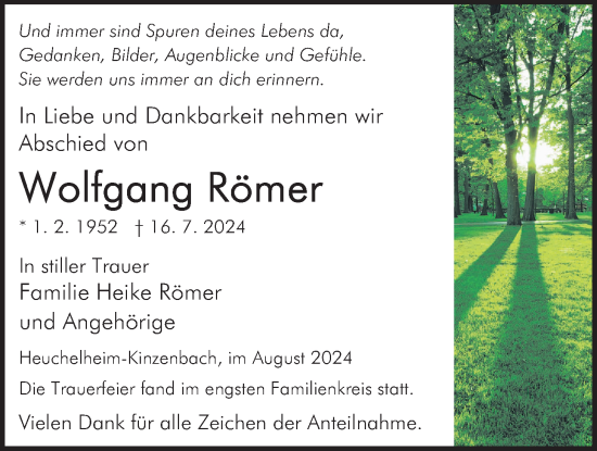 Traueranzeige von Wolfgang Römer von Giessener Allgemeine, Alsfelder Allgemeine