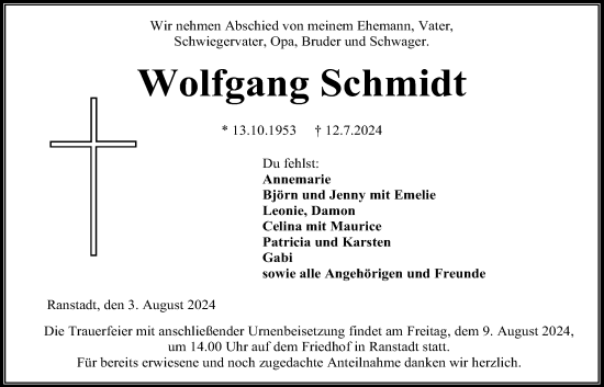Traueranzeige von Wolfgang Schmidt von Kreis-Anzeiger