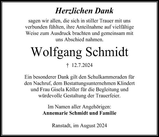 Traueranzeige von Wolfgang Schmidt von Kreis-Anzeiger
