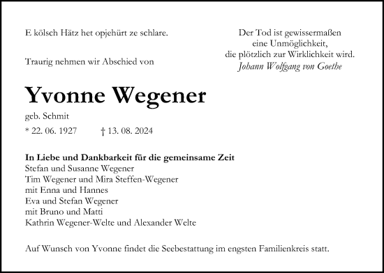 Traueranzeige von Yvonne Wegener von Lauterbacher Anzeiger
