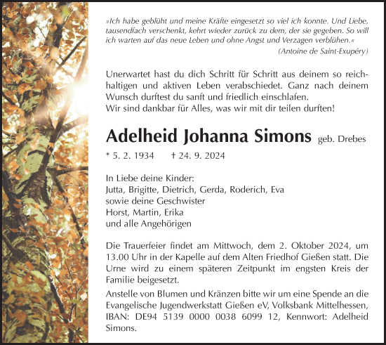 Traueranzeige von Adelheid Johanna Simons von Giessener Allgemeine, Alsfelder Allgemeine, Giessener Anzeiger