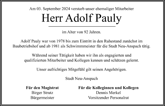 Traueranzeige von Adolf Pauly von Usinger Anzeiger