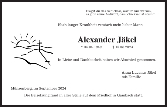 Traueranzeige von Alexander Jäkel von Butzbacher Zeitung