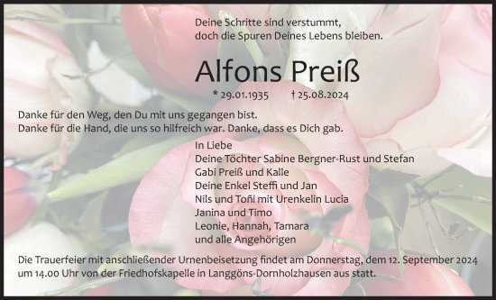 Traueranzeige von Alfons Preiß von Giessener Anzeiger, Giessener Allgemeine, Alsfelder Allgemeine