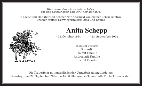 Traueranzeige von Anita Schepp von Butzbacher Zeitung