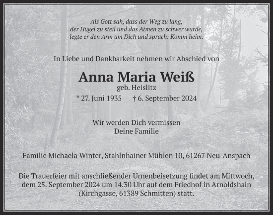 Traueranzeige von Anna Maria Weiß von Usinger Anzeiger