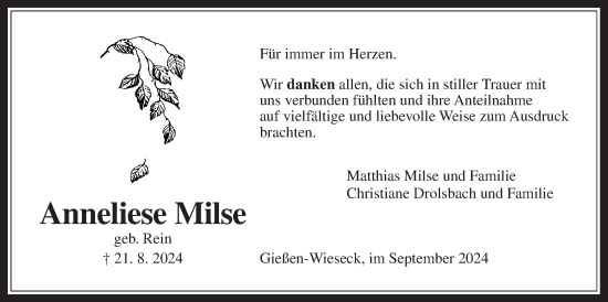 Traueranzeige von Anneliese Milse von Giessener Allgemeine, Alsfelder Allgemeine, Giessener Anzeiger