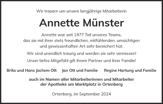 Traueranzeige von Annette Münster von Kreis-Anzeiger