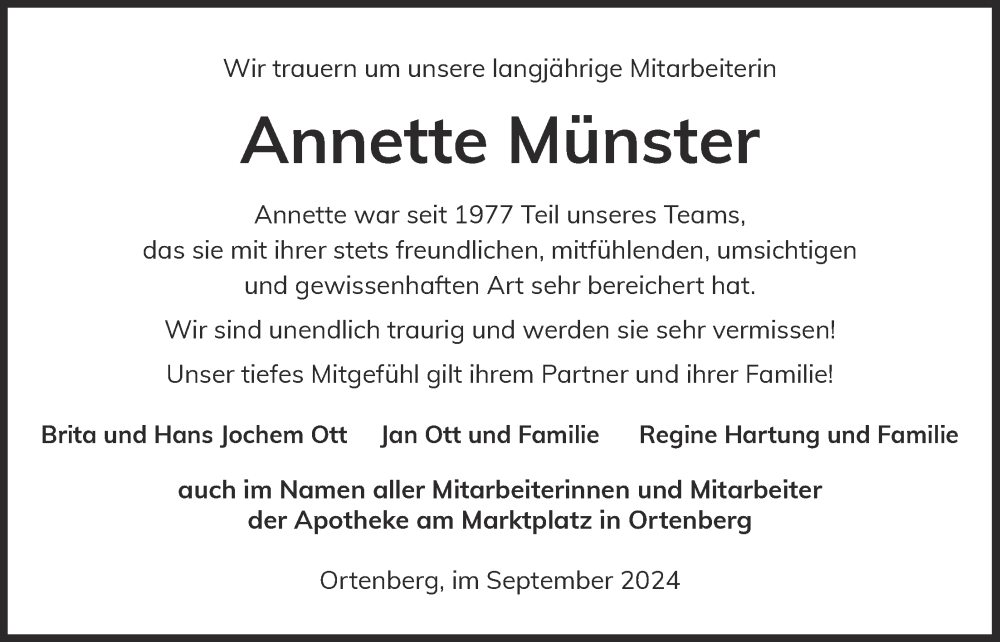  Traueranzeige für Annette Münster vom 14.09.2024 aus Kreis-Anzeiger