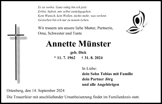 Traueranzeige von Annette Münster von Kreis-Anzeiger