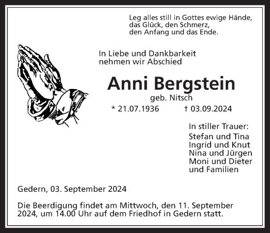 Traueranzeige von Anni Bergstein von Kreis-Anzeiger