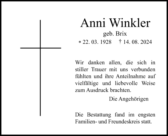 Traueranzeige von Anni Winkler von Giessener Allgemeine, Alsfelder Allgemeine