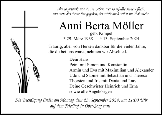 Traueranzeige von Anni Berta Möller von Oberhessische Zeitung, 