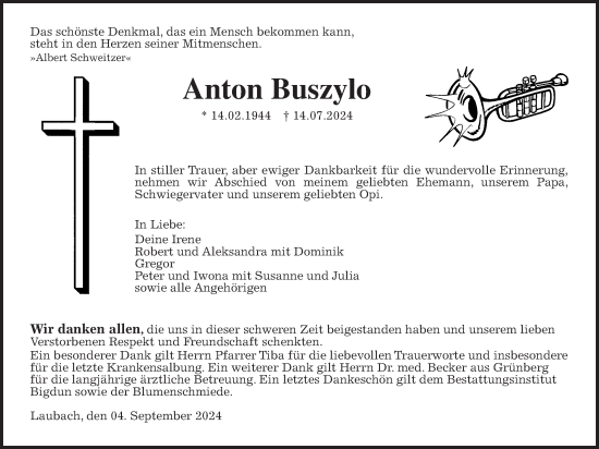 Traueranzeige von Anton Buszylo von Laubacher Anzeiger