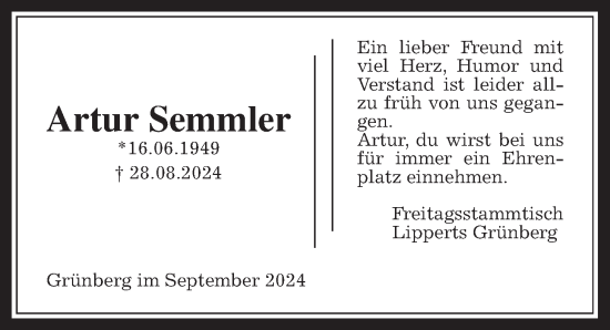 Traueranzeige von Artur Semmler von Giessener Allgemeine, Alsfelder Allgemeine