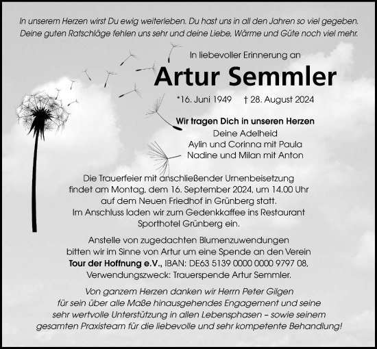 Traueranzeige von Artur Semmler von Giessener Anzeiger, Giessener Allgemeine, Alsfelder Allgemeine