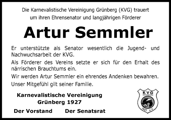 Traueranzeige von Artur Semmler von Heimatzeitung Grünberg + Laubach