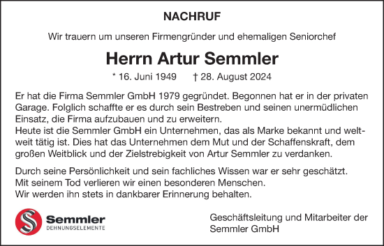 Traueranzeige von Artur Semmler von Giessener Anzeiger, Giessener Allgemeine, Alsfelder Allgemeine