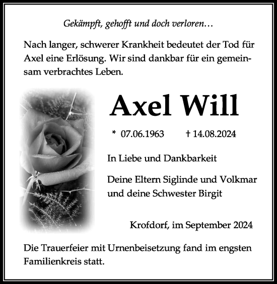Traueranzeige von Axel Will von Giessener Allgemeine, Alsfelder Allgemeine