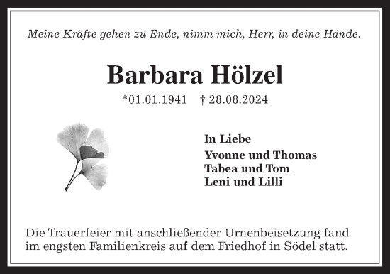 Traueranzeige von Barbara Hölzel von Wetterauer Zeitung