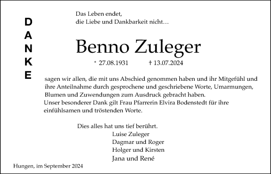 Traueranzeige von Benno Zuleger von Licher Wochenblatt