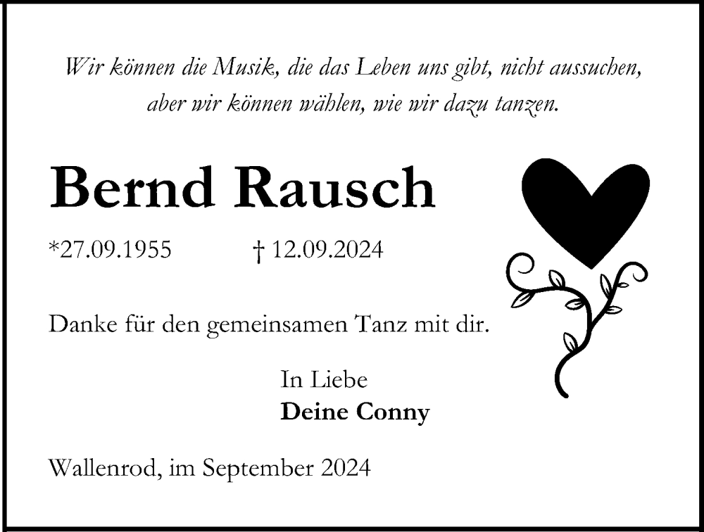  Traueranzeige für Bernd Rausch vom 18.09.2024 aus Lauterbacher Anzeiger, 