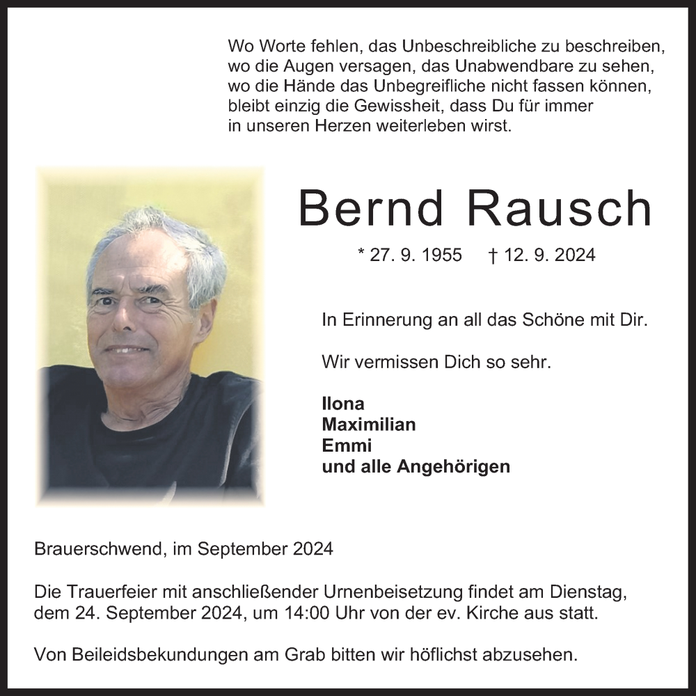  Traueranzeige für Bernd Rausch vom 18.09.2024 aus Oberhessische Zeitung, Lauterbacher Anzeiger, 