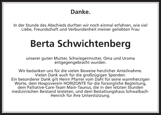 Traueranzeige von Berta Schwichtenberg 