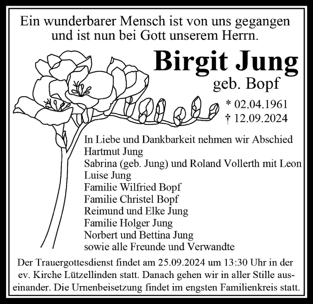  Traueranzeige für Birgit Jung vom 21.09.2024 aus Giessener Allgemeine, Alsfelder Allgemeine