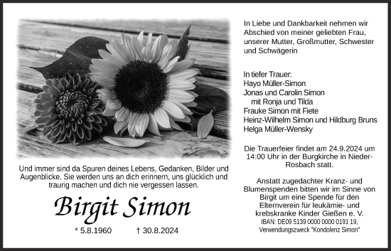Traueranzeige von Birgit Simon von Wetterauer Zeitung