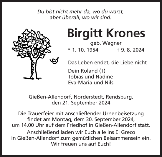 Traueranzeige von Birgitt Krones von Giessener Allgemeine, Alsfelder Allgemeine