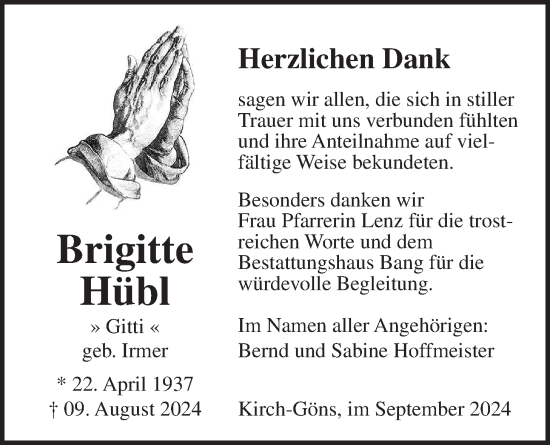 Traueranzeige von Brigitte Hübl von Butzbacher Zeitung