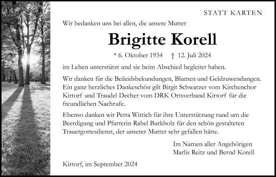 Traueranzeige von Brigitte Korell von Oberhessische Zeitung, 