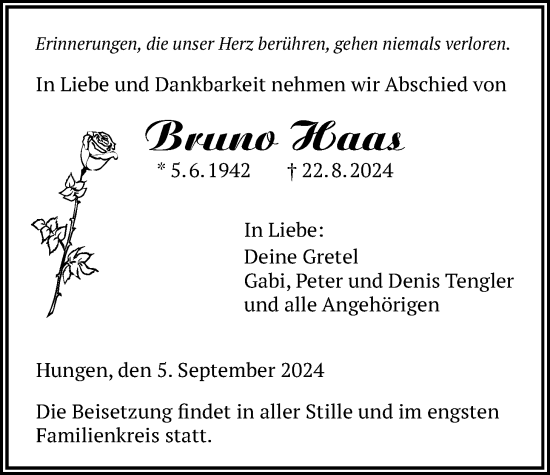 Traueranzeige von Bruno Haas von Licher Wochenblatt