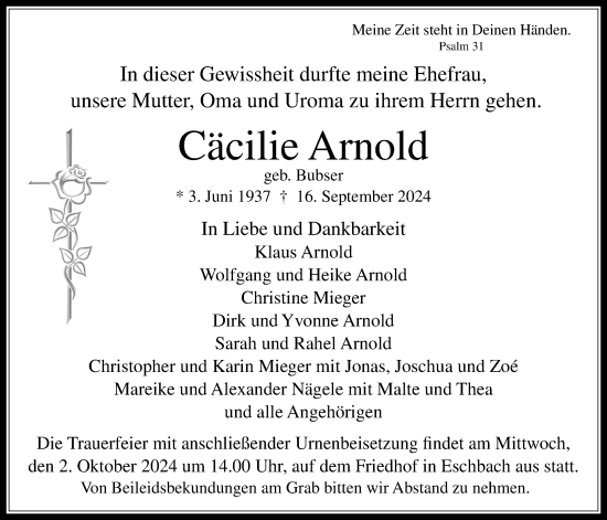 Traueranzeige von Cäcilie Arnold von Usinger Anzeigenblatt