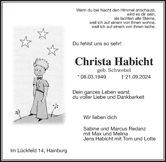 Traueranzeige von Christa Habicht von Lauterbacher Anzeiger
