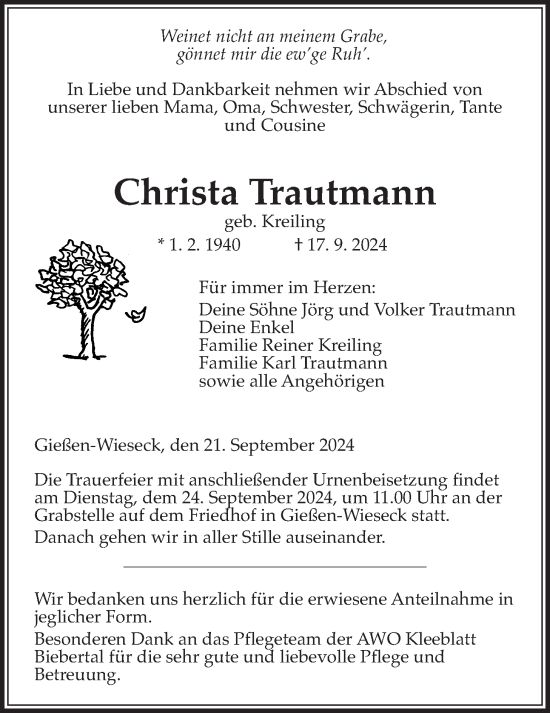 Traueranzeige von Christa Trautmann von Giessener Allgemeine, Alsfelder Allgemeine, Giessener Anzeiger