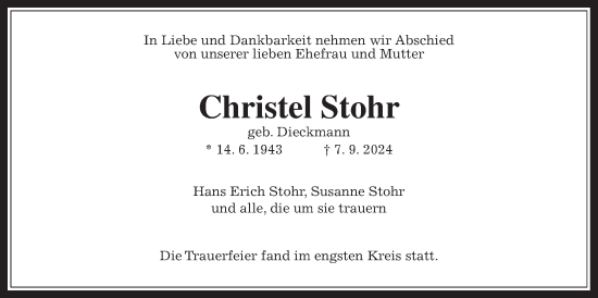 Traueranzeige von Christel Stohr von Giessener Allgemeine, Alsfelder Allgemeine, Giessener Anzeiger