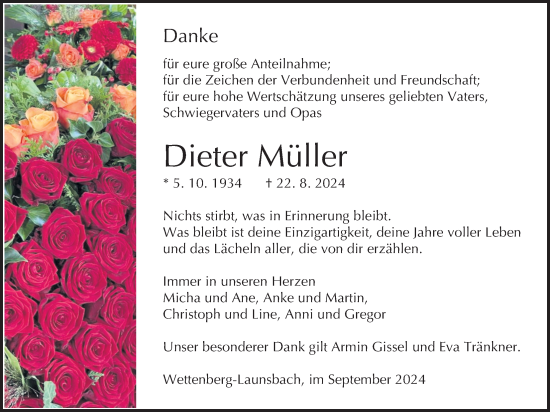 Traueranzeige von Dieter Müller von Giessener Allgemeine, Alsfelder Allgemeine, Giessener Anzeiger