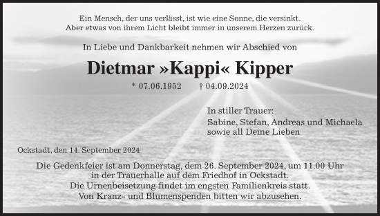 Traueranzeige von Dietmar Kipper von Wetterauer Zeitung