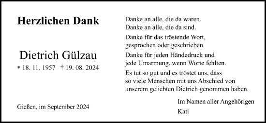 Traueranzeige von Dietrich Gülzau von Giessener Allgemeine, Alsfelder Allgemeine, Giessener Anzeiger