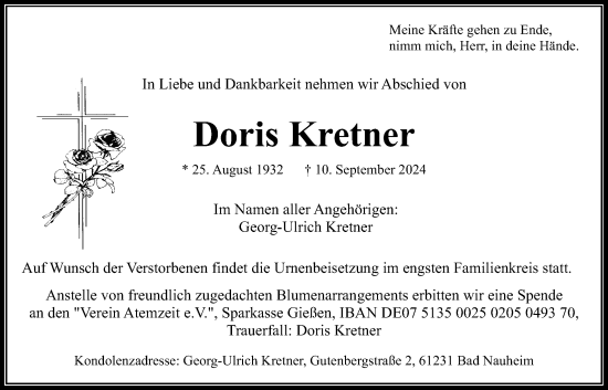 Traueranzeige von Doris Kretner von Wetterauer Zeitung