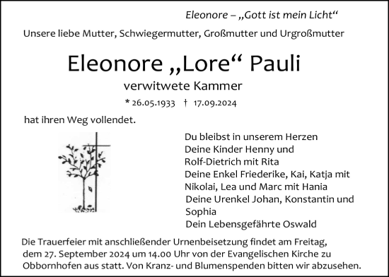 Traueranzeige von Eleonore Pauli von Licher Wochenblatt