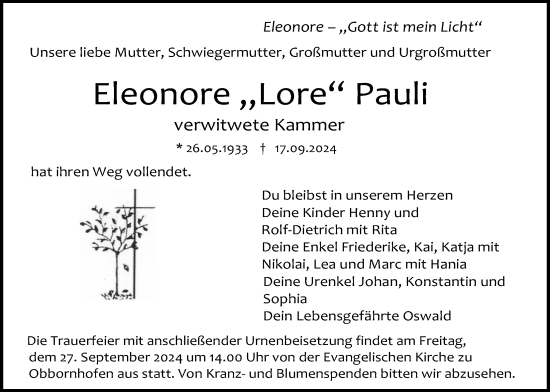 Traueranzeige von Eleonore Pauli von Giessener Allgemeine, Alsfelder Allgemeine