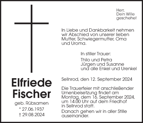 Traueranzeige von Elfriede Fischer von Alsfelder Allgemeine, Oberhessische Zeitung, Mücker Stimme, Giessener Allgemeine