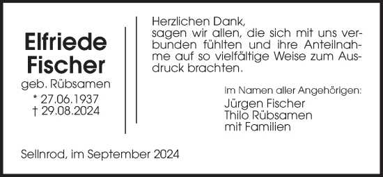 Traueranzeige von Elfriede Fischer von Giessener Allgemeine, Alsfelder Allgemeine, Mücker Stimme
