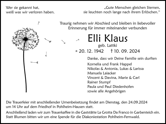 Traueranzeige von Elfriede Klaus von Pohlheimer Nachrichten