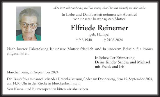 Traueranzeige von Elfriede Reinemer von Licher Wochenblatt